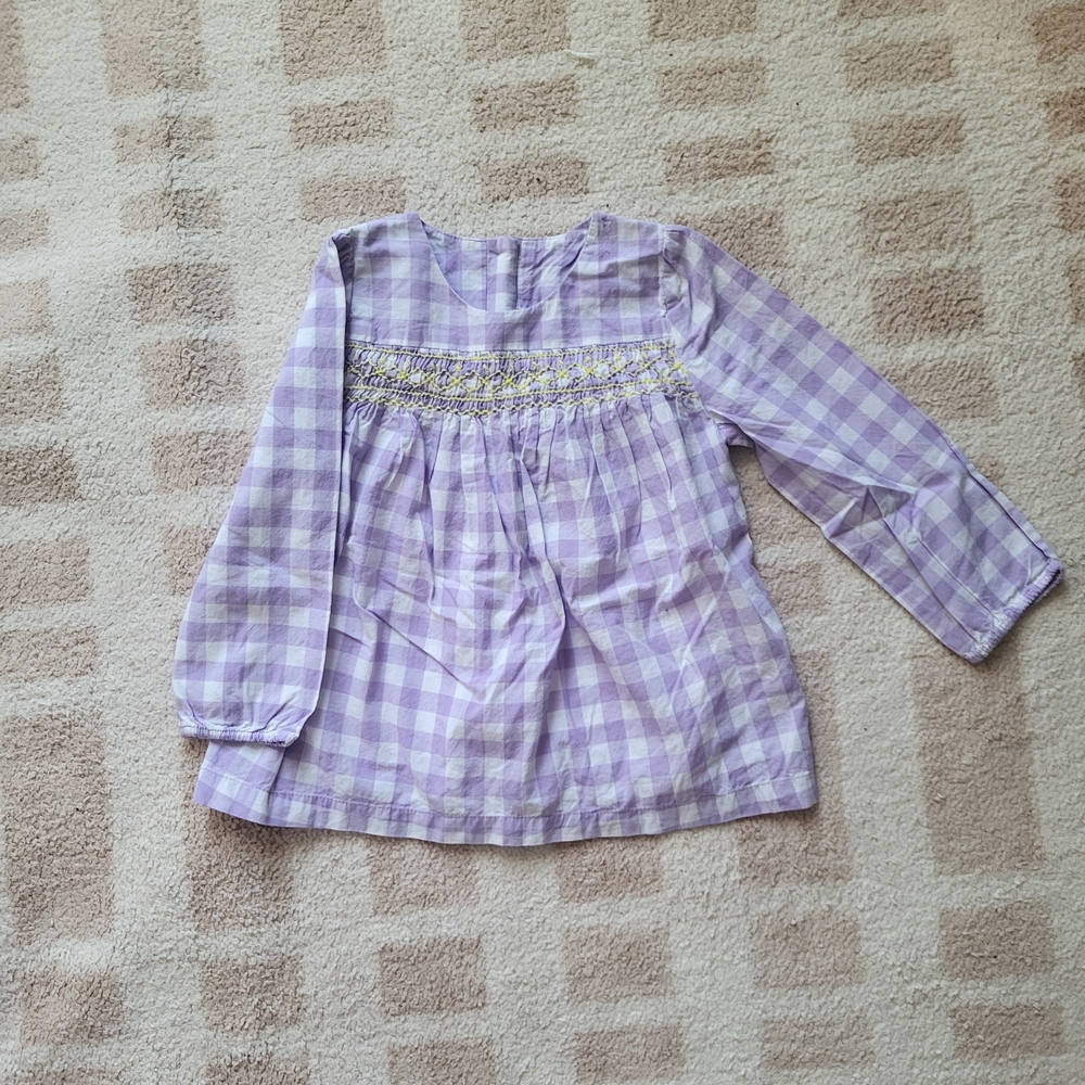 LAST CHANCE Baby Boden Purple Gingham Easter Blouse with Smocked Detail